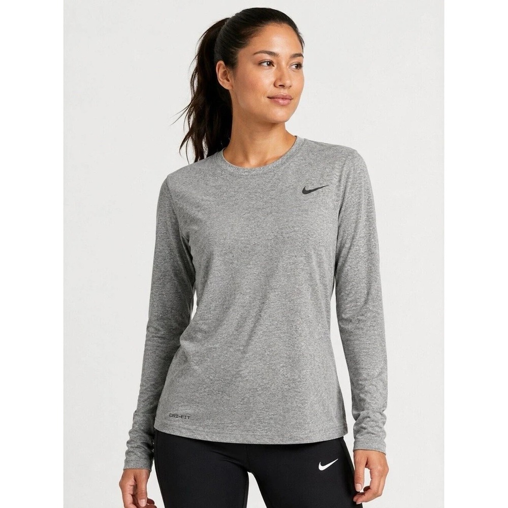 Nike Dri-FIT Womens Long Sleeve Training Shirt Heather Gray Crew Neck Large